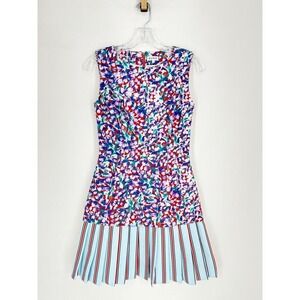 Suno Floral Print Sleeveless Dress with Striped Pleated Hem Women's Small